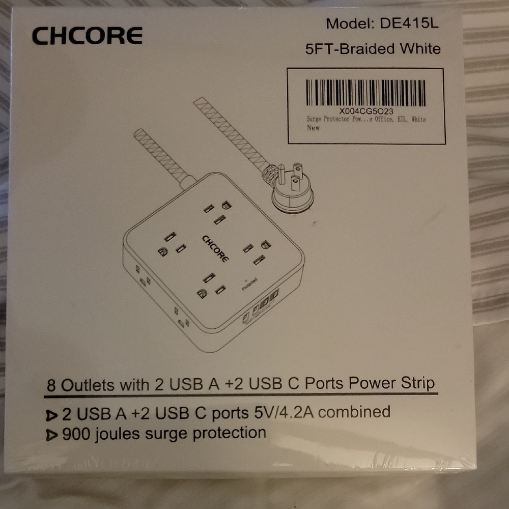 White 5FT-Braided Power Strip with USB Ports